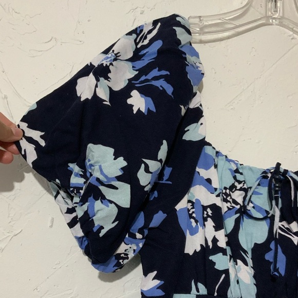 Ellen Tracy Floral Midi Dress with Side Slit and Puff Sleeve Blue Large Blue - Picture 4 of 13